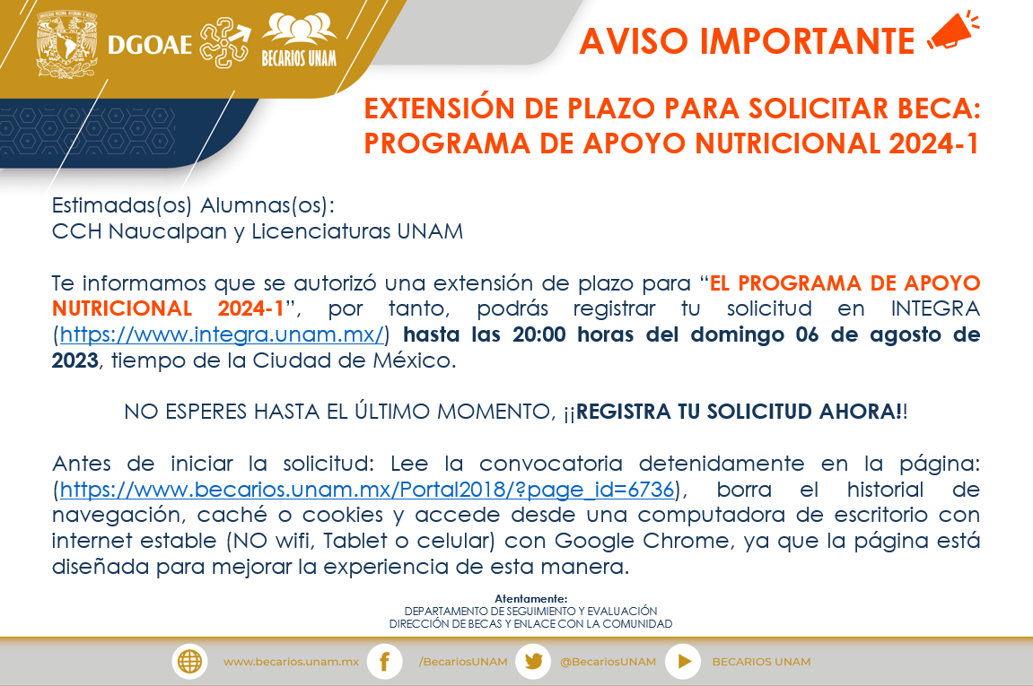 Programa de Apoyo Nutricional Ciclo escolar 20241 Portal de Becas UNAM
